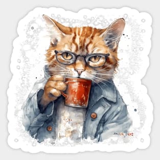 Grumpy Hangover Cat in Glasses Coffee Cup Sticker